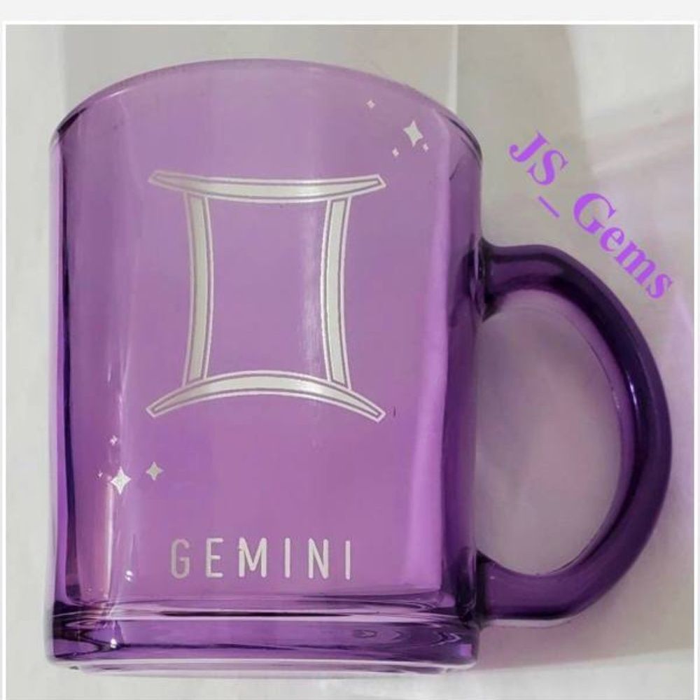 New Modern Expressions Coffee Mug Glass Gemini Zodiac Purple Silver Star Symbol